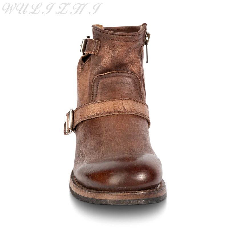 Herbst Gürtels chnalle Motorrads tiefel Herren braun Vintage Leder rutsch feste Stiefeletten Seite Reiß verschluss Komfort Mode Schuhe im Freien