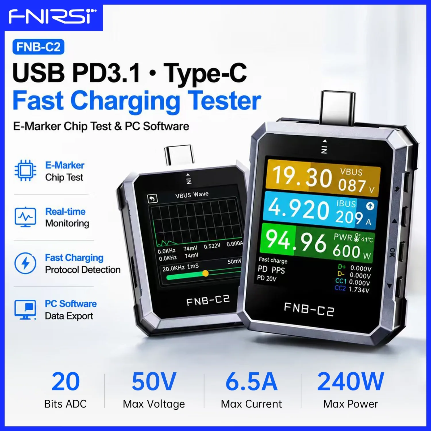 Testeur de charge rapide USB-C FNIRSI FNB-C2, ampèremètre, voltmètre, compatible PD3.1 QC3.0, outils de réparation électronique pour téléphone et batterie externe