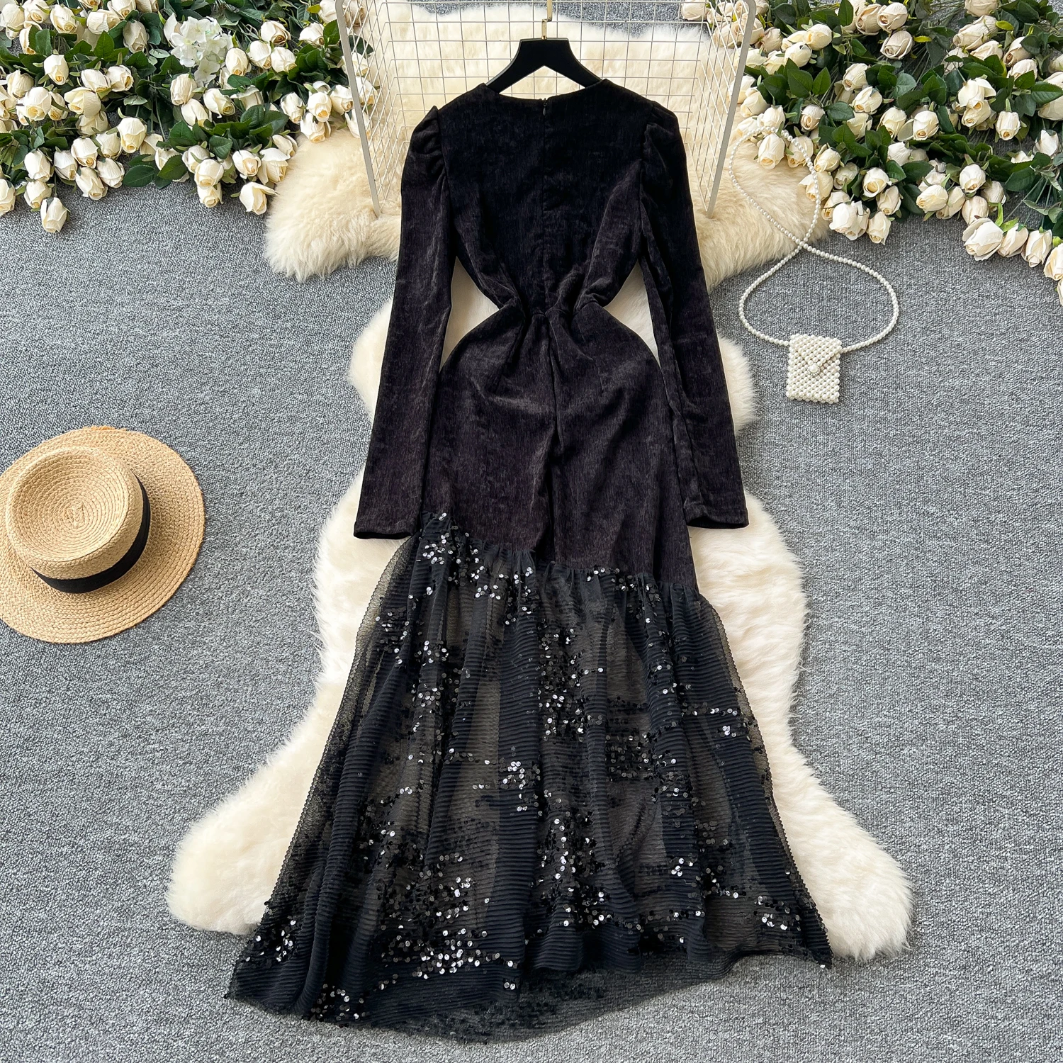 Basics O-neck Long Sleeve Elegant Rhinestone Chic Spliced Sequins Mesh Slim Dresses French Evening High Street Autumn Clothing