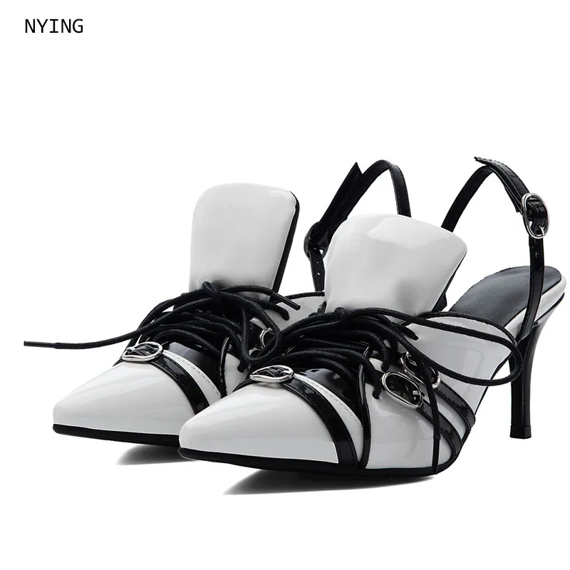Women Black White Contrast Lace Up Pointed Toe Slingback Mule Heels Metal Eyelet Ankle Buckle Stiletto Party Streetwear Shoes 47