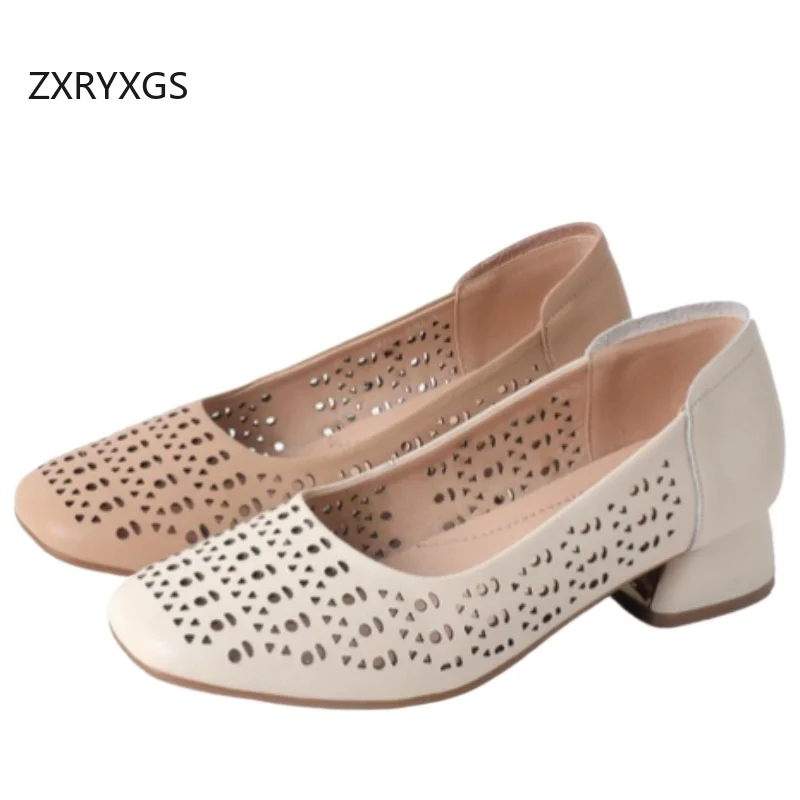 ZXRYXGS Square Toe Shallow Top Cowhide Hole Hole Shoes Woman Sandals 2025 Breathable Comfort Low Heel Sandals Shoes Size 32-43