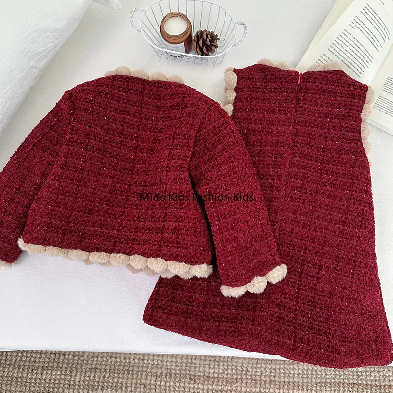 Girls Little Lady Style Cotton Padded Suit 2025 Winter Thickened Coat Vest Dress Set