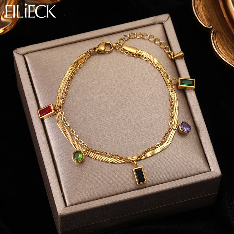 EILIECK 316L Stainless Steel Geometric Colorful Crystal Zircon Charm Bracelet For Women Girl Fashion 2in1 Chains Jewelry Gift