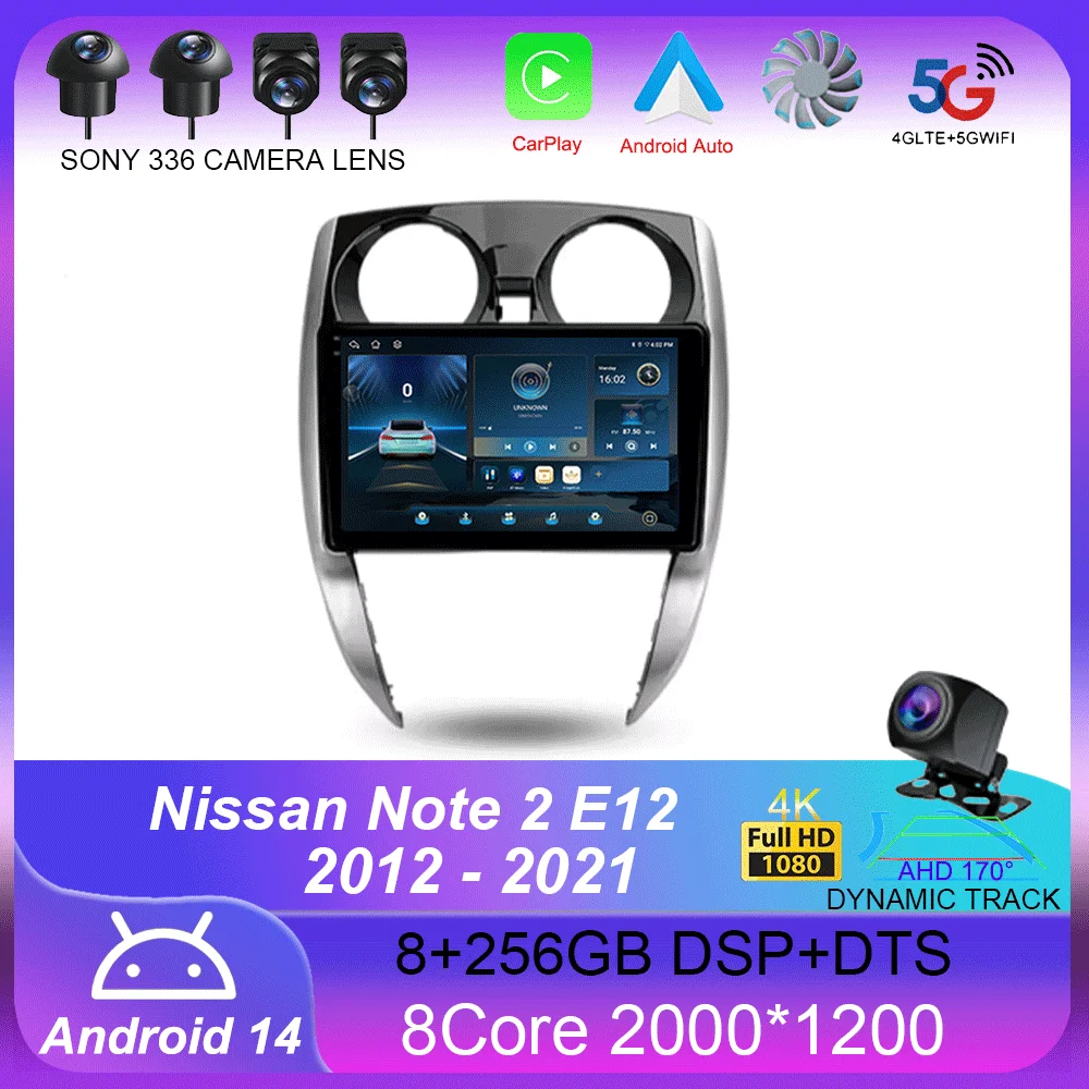 Autoradio Carplay avec Navigation GPS, Stéréo, BT, Android 14, Lecteur Vidéo, 4G + WIFI, Limitation, pour Voiture Nissan Note 2 E12 (2012-2021)