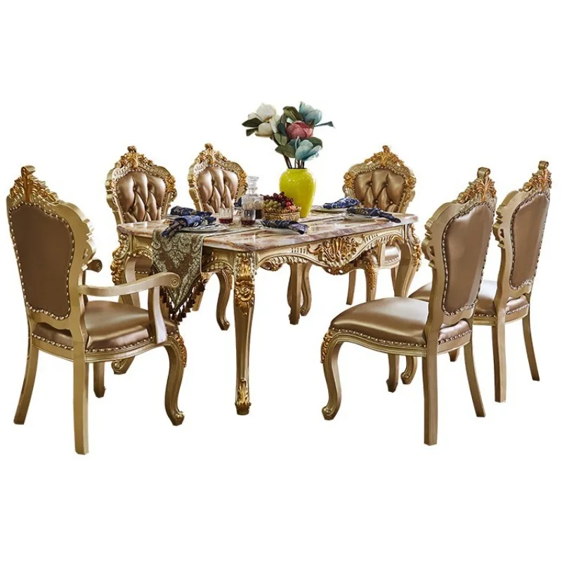 Marble dining table and chair combination, noble gold rectangular small apartment for 4-6 people, all solid wood dining table