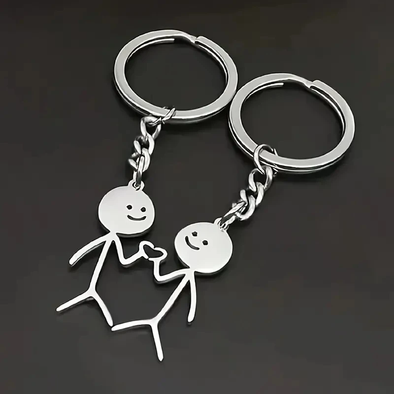 2pcs/Set Adorable Stickman Heart-Shaped Keychain - Cute, Funny, Stainless Steel Key Ring Purse Bag Backpack Charm - Perfect Vale