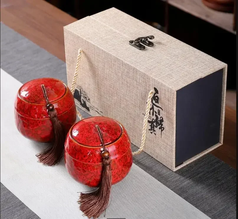 Ceramic Airtight Jar Tea Caddy 2 Piece Set Gift Box Moisture Proof Tea Box Storage Tank Tea Container Tea Organizer Tea Can Gift