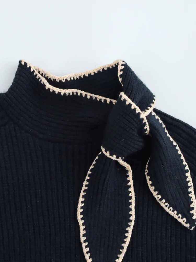 Nlzgmsj 2025 الخريف المرأة بلوفر مغزول موضة كم طويل القوس سترة جديدة ملابس الشارع الشهير تريكو القمم Y2k