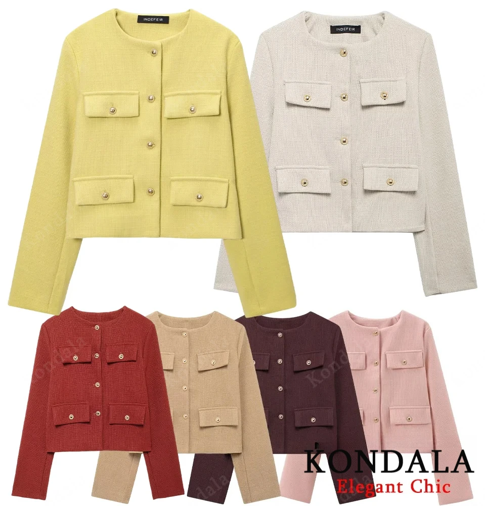 

KONDALA Women Elegant Commute Pockets Jacket O-Neck Buttons Jackets 2025 Spring Fall Fashion High Street Simple Versatile Jacket