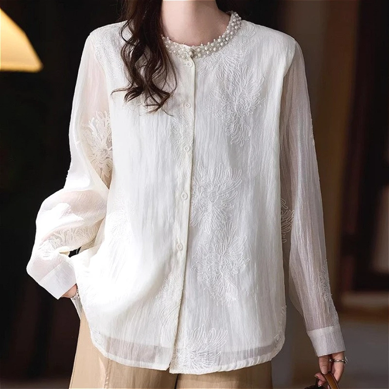 

Women Solid Shirt Beaded Blouses Embroidered Long Sleeves Round Neck Single Breasted Loose Fit Office Lady Casual 2026 Spring