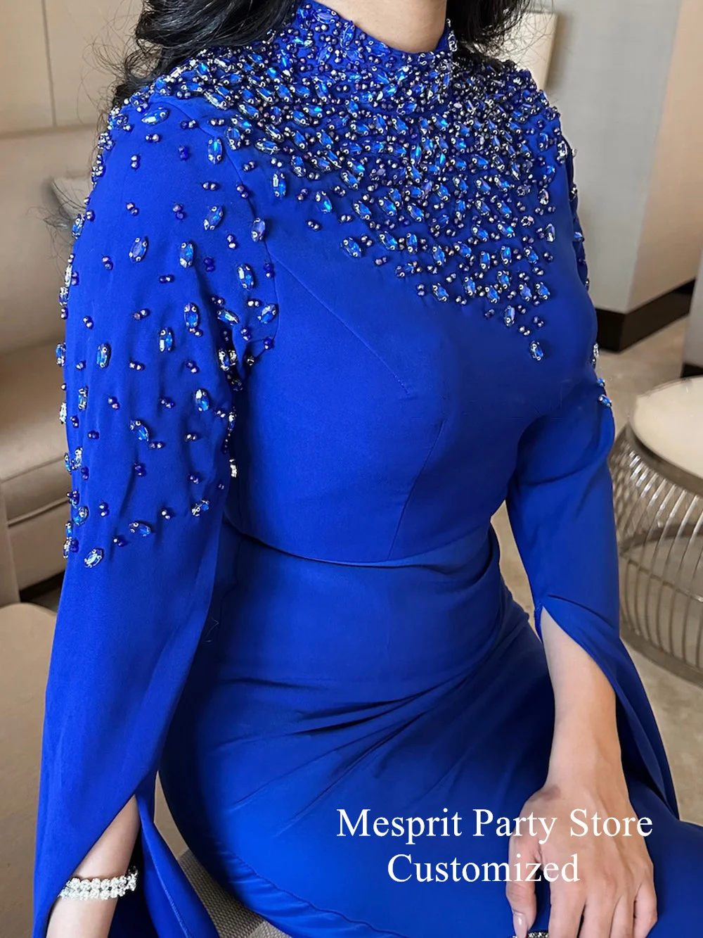 Royal Blue Prom Dress Saud Evening Dresses High Neck Customized Long Sleeves Crystal Stone Mermaid Party Gown فساتين سهرات