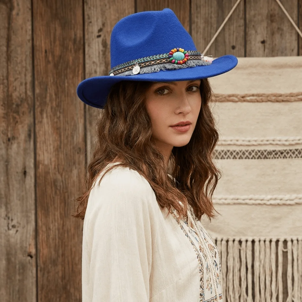 Punk Woolen Western Cowboy Hat with Tassels Big-edge Cowgirl Jazz Hat Solid Color Colorful Top Hat Cycling Caps