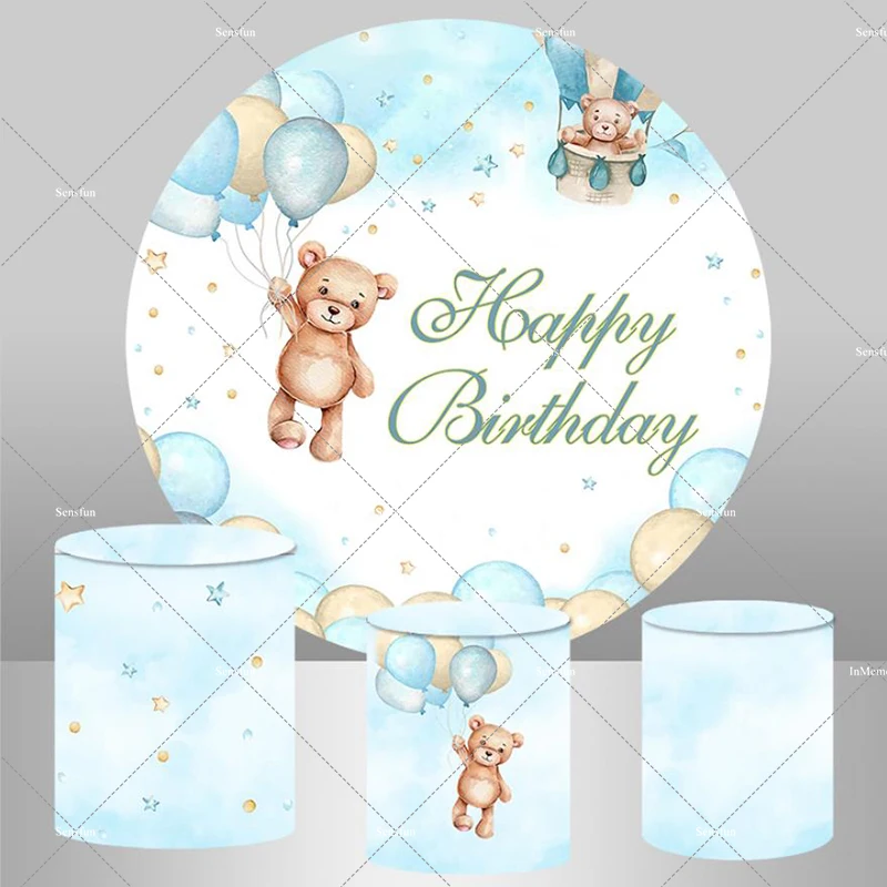 Bear Baby Shower Round Backdrop Cover Customize Newborn Kids Birthday Party Decor Hot Air Balloons Background Blue Plinth Cover