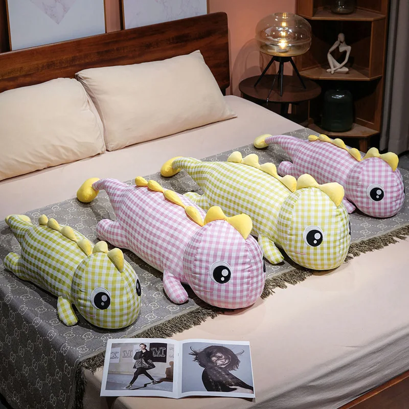 Plaid Dinosaur Body Pillow Zipper Long Dinosaur Plush Toy Cute Grid Lizard Stuffed Animal Sofa Bed for Gifts.