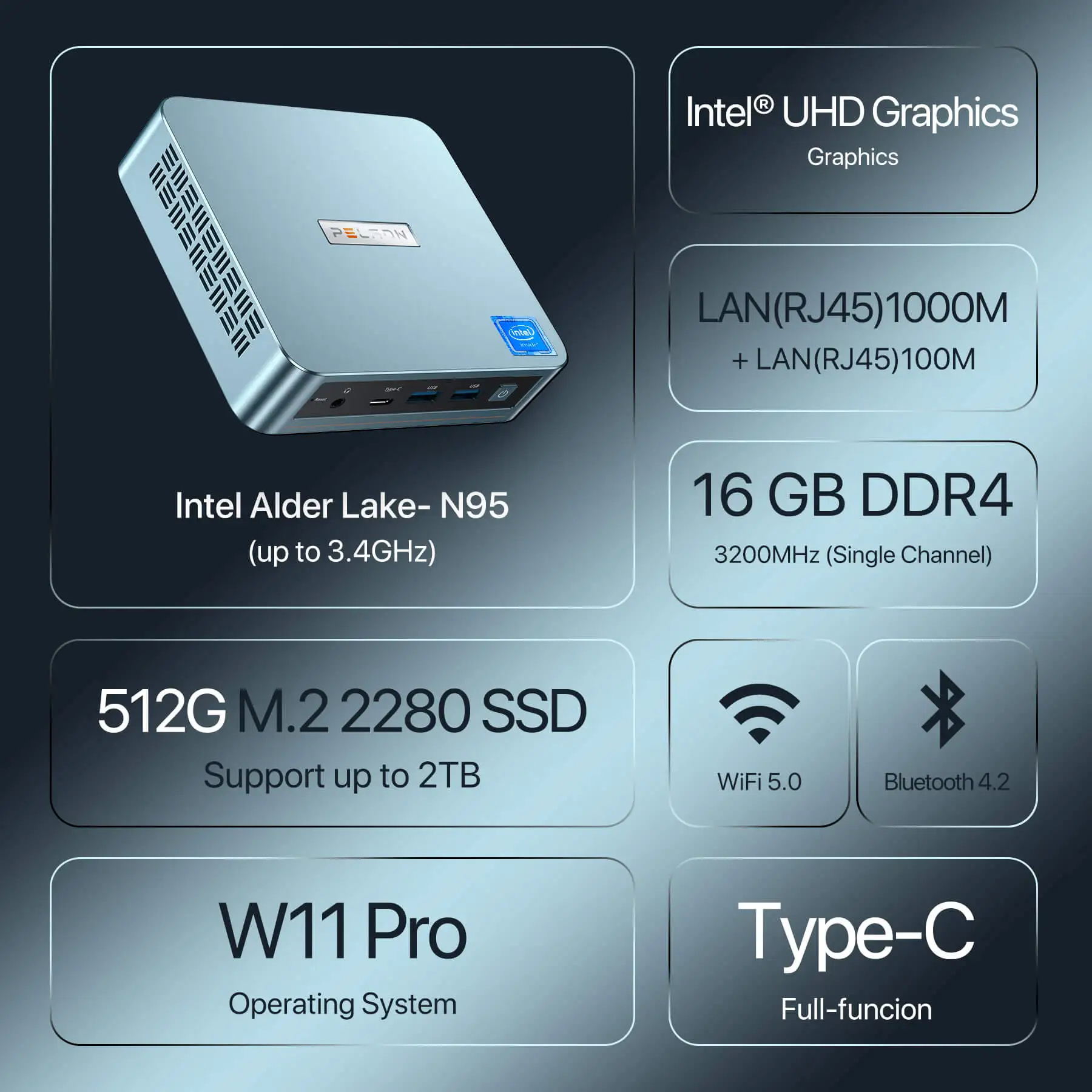 Peladn High Quality Low Energy Computer Mini pcs N100 8Gb Ram Ddr5 256G M.2 Ssd Dual Lan Win11 Linux Desktop Mini PC