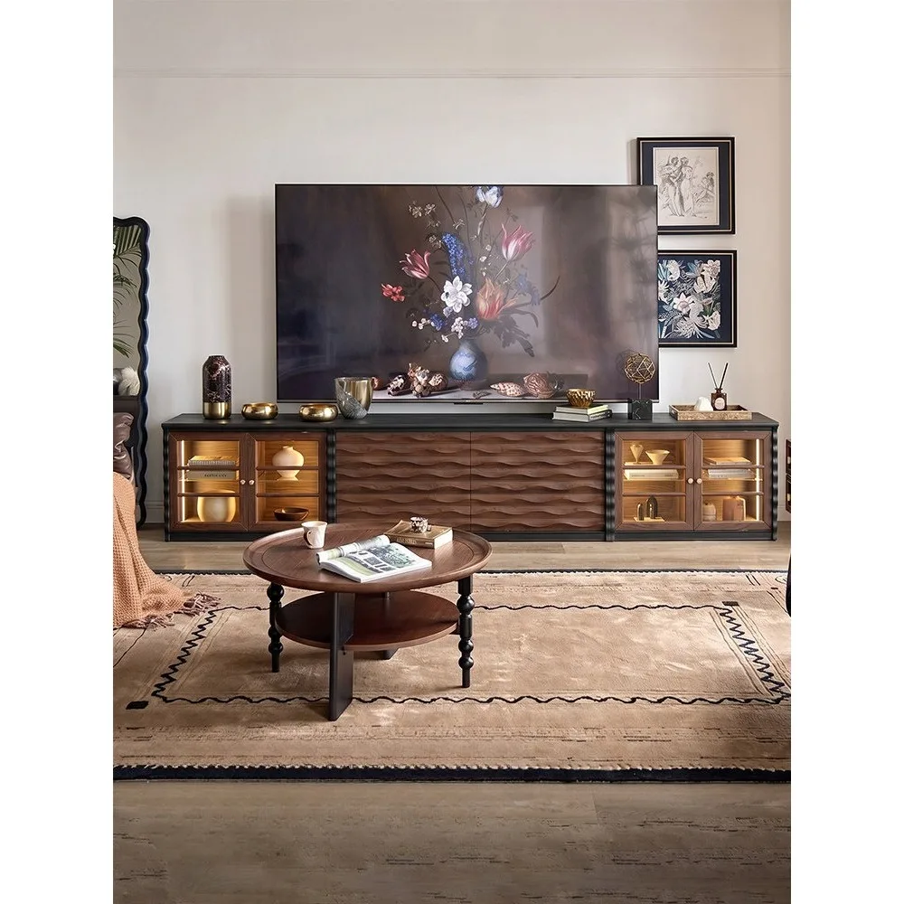 Luxury Mid-Century Modern TV Stand Solid Wood Vintage Media Console with Glass Doors French Retro Living Room Storage Cabinet