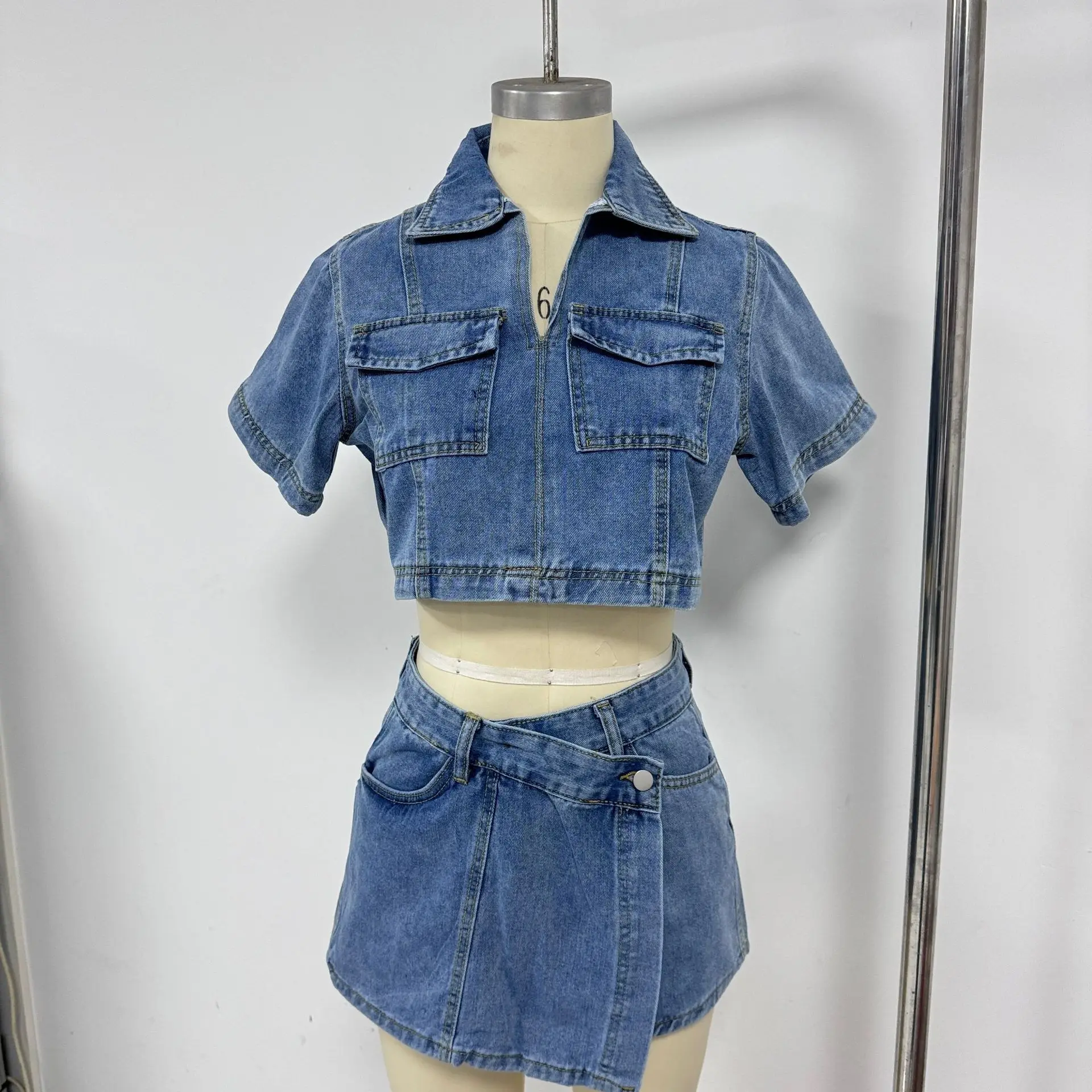

European American Women Denim Two Piece Set V-neck Pullover Short Style Lapel Denim Shirt High Waist Mini Skirt Pants Sets