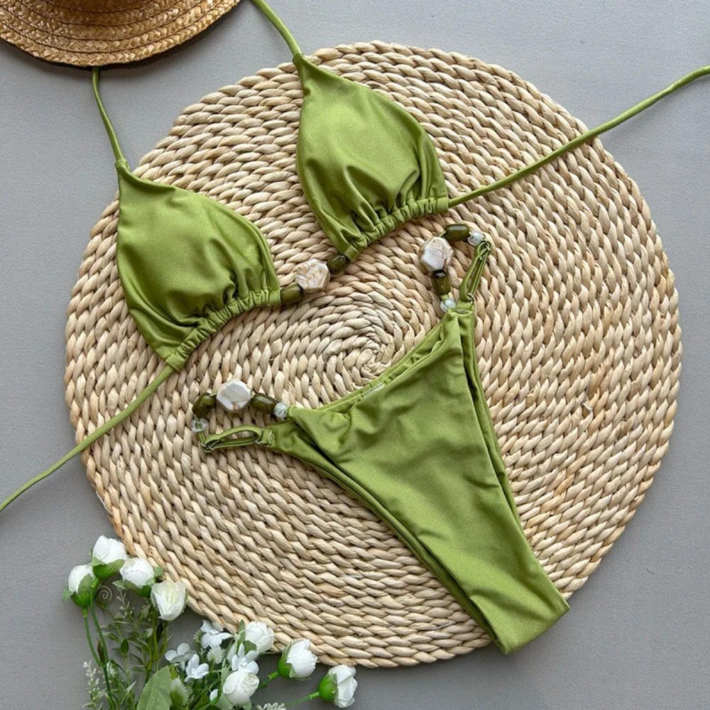 

2Pcs/Set Fashion Summer Beach Bikini Halter Triangle Bead String Bikini Set Casual Bathing Suit Beachwear Vacation