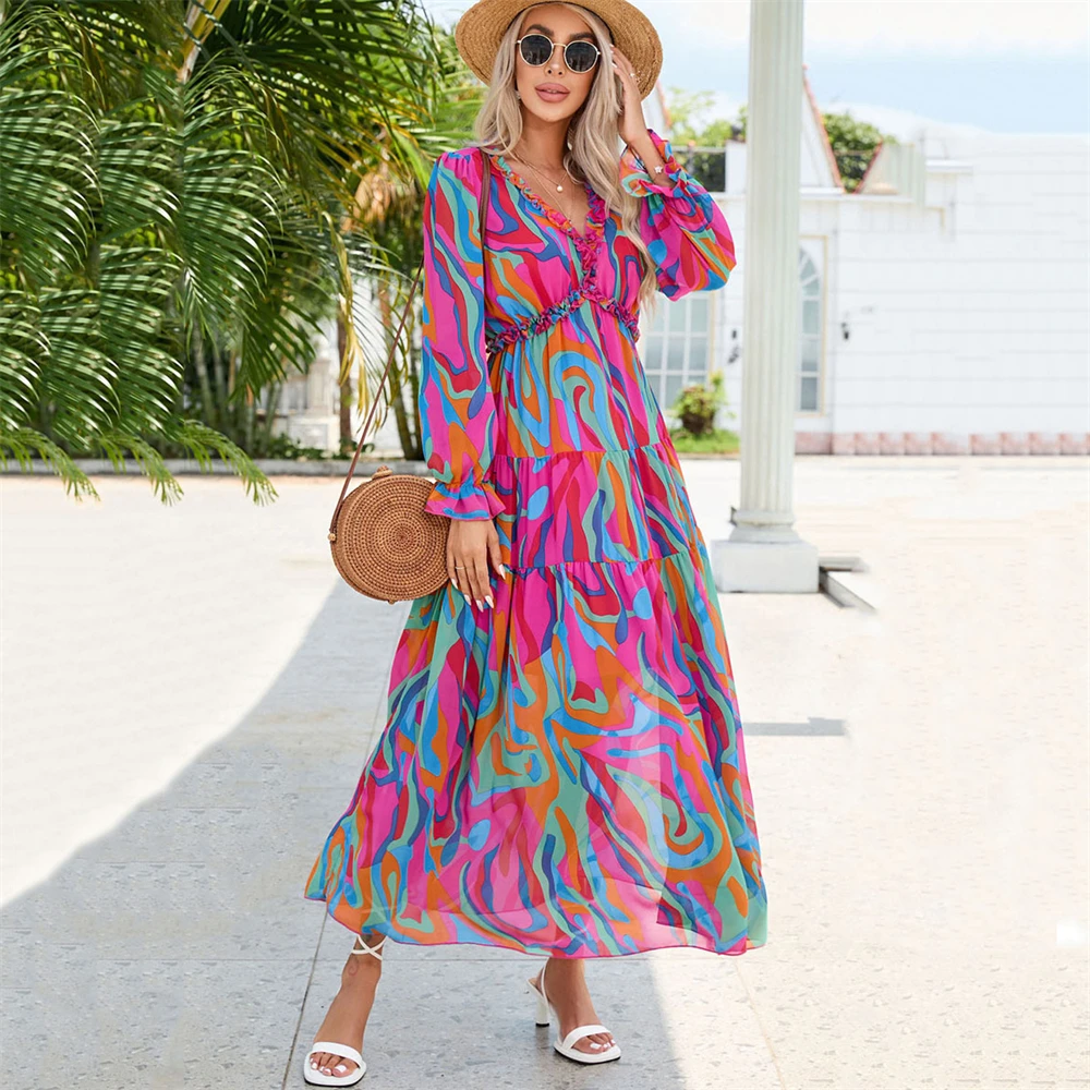 

Fashionable V-neck Chiffon Floral Long-sleeved Dress For Women,Muslim Loose And Casual Chiffon Long Dress For Women