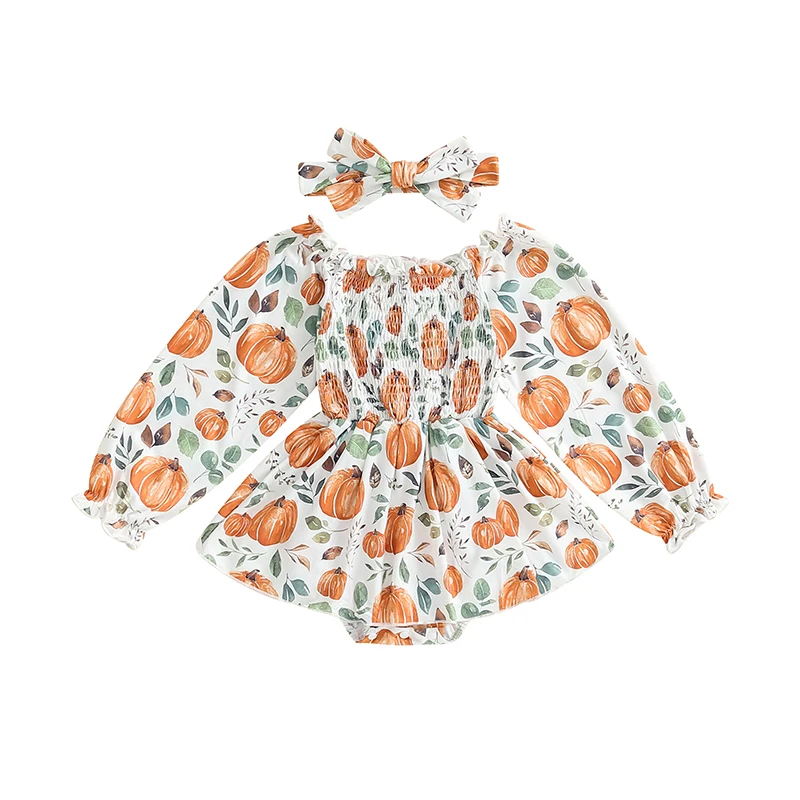 

Newborn Girl Outfit Long Sleeve Off-shoulder Pumpkin Print Romper Dress with Headband Halloween Clothes