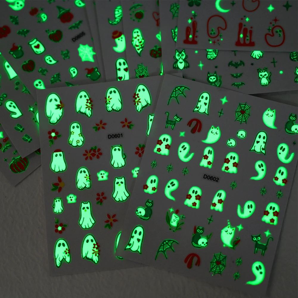 3d luminosa abóbora fantasma halloween arte do prego adesivos brilho no escuro bonito esqueleto aranha morcego decoração da arte do prego decalque do dia das bruxas