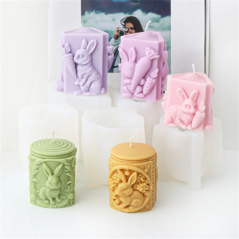 Flower Bunny Carrot Patterned Cylinder Silicone Candle Mold Cute Embossed Rabbit Bunny Aromatherapy Candle Making Plaster Mould