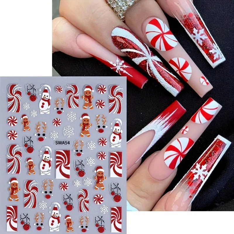 2 pçs natal fita vermelha boneco de neve adesivos de unhas, fácil de aplicar para decoração de unhas diy, presentes, festa e estilo de maquiagem de casamento
