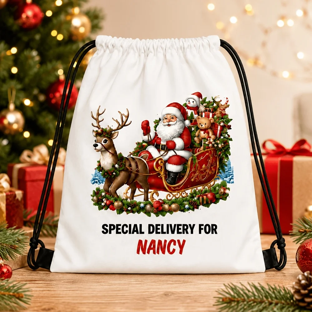 1Pc Custom Text/Name Santa Claus Drawstring Backpack,Christmas Gift Storage Pouch,Lightweight Sports Bag,Outdoor Travel Rucksack