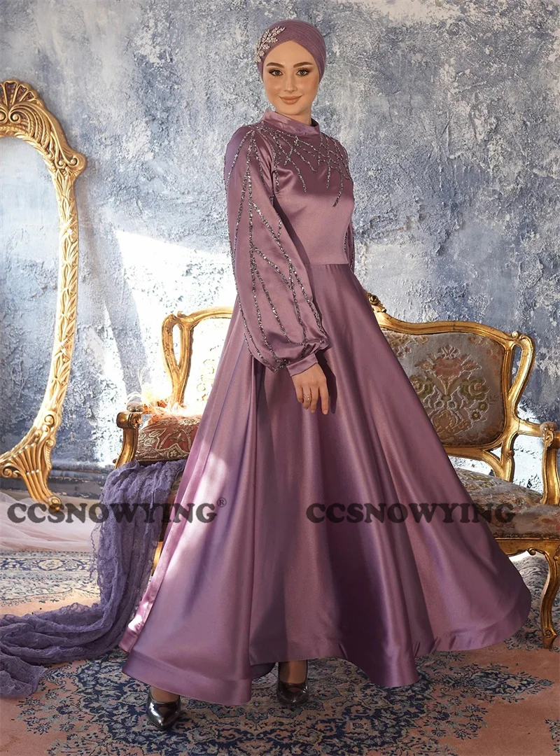 

Satin Beaded Muslim Evening Dresses Long Sleeve High Neck Islamic Hijab Prom Formal Party Gown Women Arabic Dubai Robe De Soiree