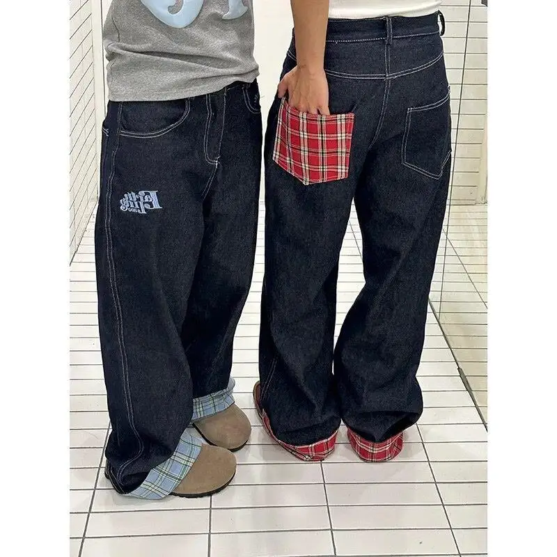Harajuku Retro Plaid Patchwork Rolled Edge Jeans for Women American Men and Women Loose Wide Leg Straight Pants Couple Trousers