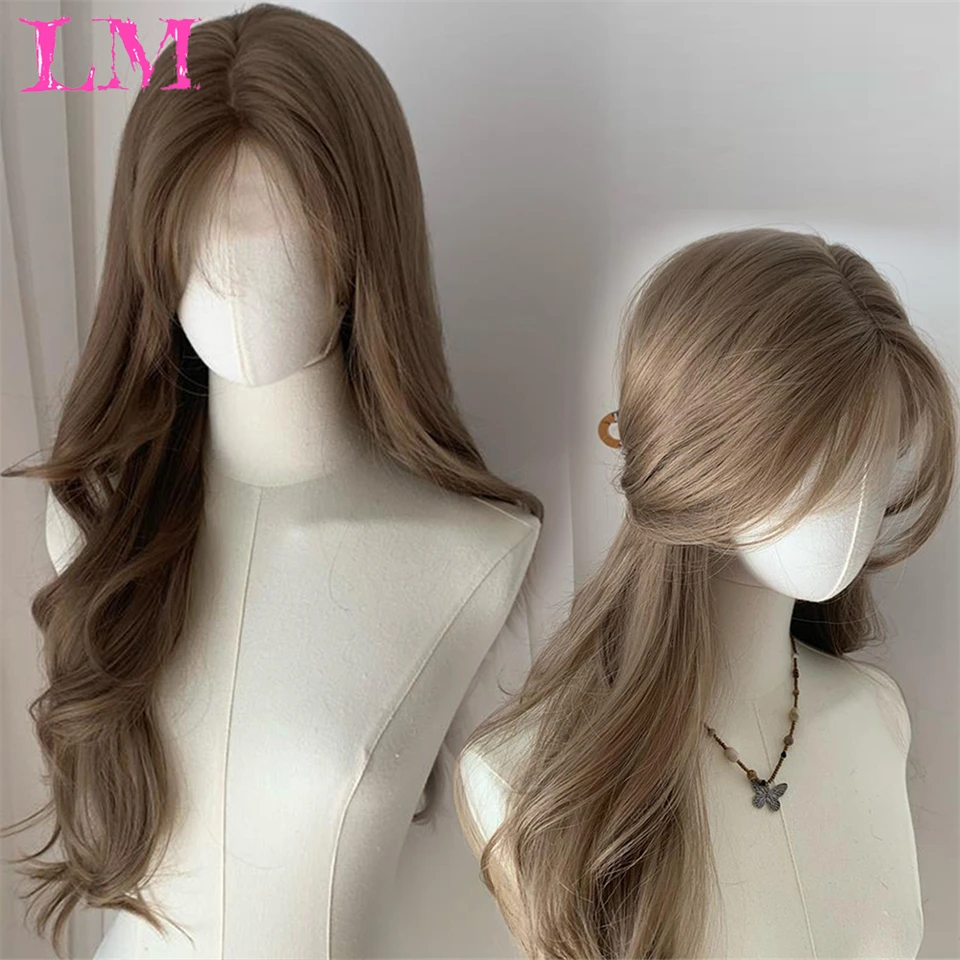 LMLong Wavy Synthetic Wigs Brown Ombre Daily Use Soft Hair Wig for Women Cosplay Party Wig Heat Resistant Middle Part Fake Hairs