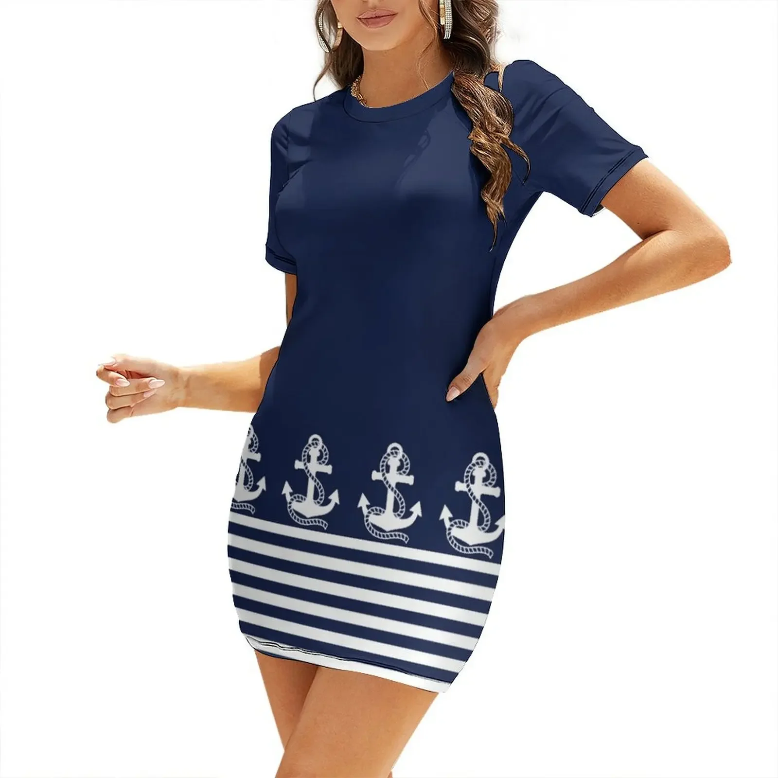 

Nautical Navy Blue Stripes and White Anchor Short-Sleeved Dress Prom gown summer dresses for women 2025 dress women summer Dress