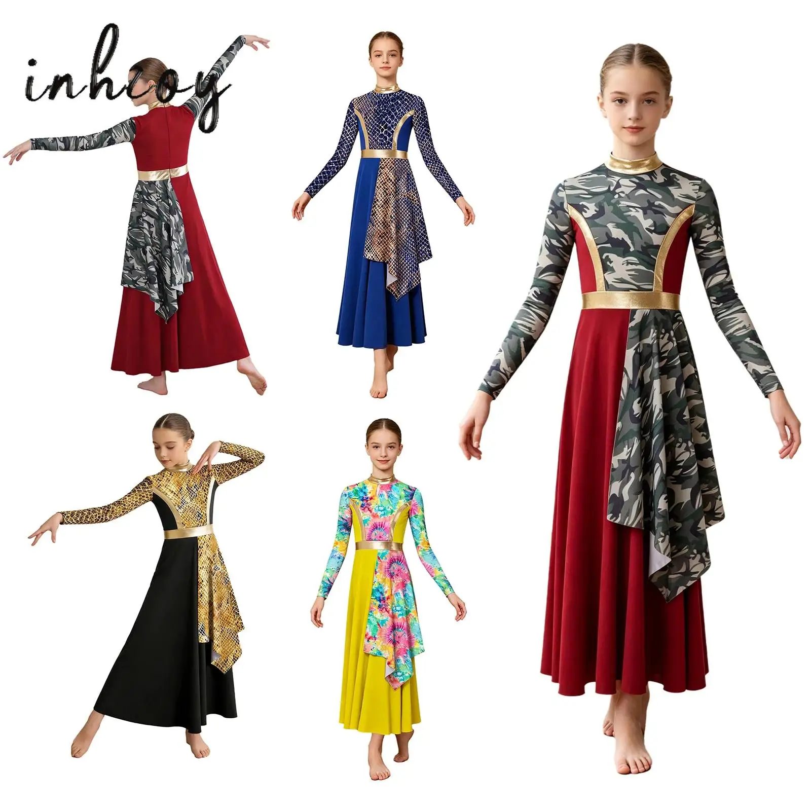 キッズ用典礼賛美ダンスドレス-女の子用スタイリッシュプリント長袖アシンメトリー隠しジッパーリリカルダンスドレス