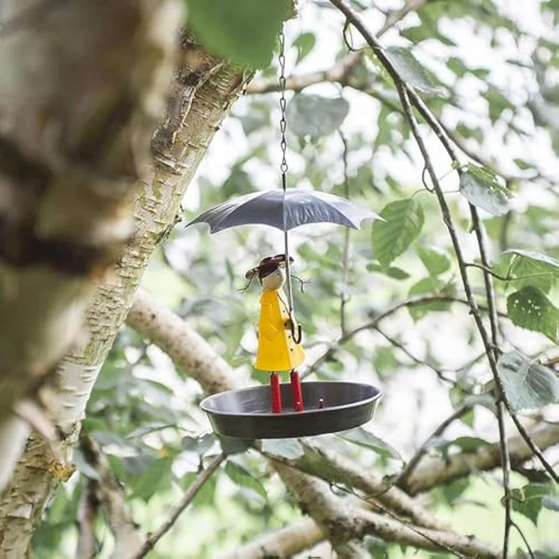 Outdoor Hanging Bird Feeder Set With Metal Chain And Umbrella Girl Shape, Feeder With Brush