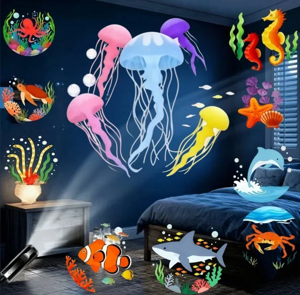 LED Projector Night Light with 10pcs Projection patterns, Marine Life Projection Lamp, LED Ocean Projection Lamp, Bedroom Decor.