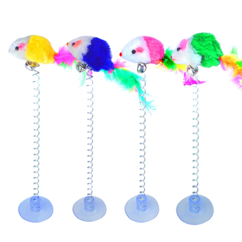 1PC Fashion Cute Funny Cat Toys Elastic Feather False Mouse Spring Sucker Toys for Cat Playing Pet Toy Training