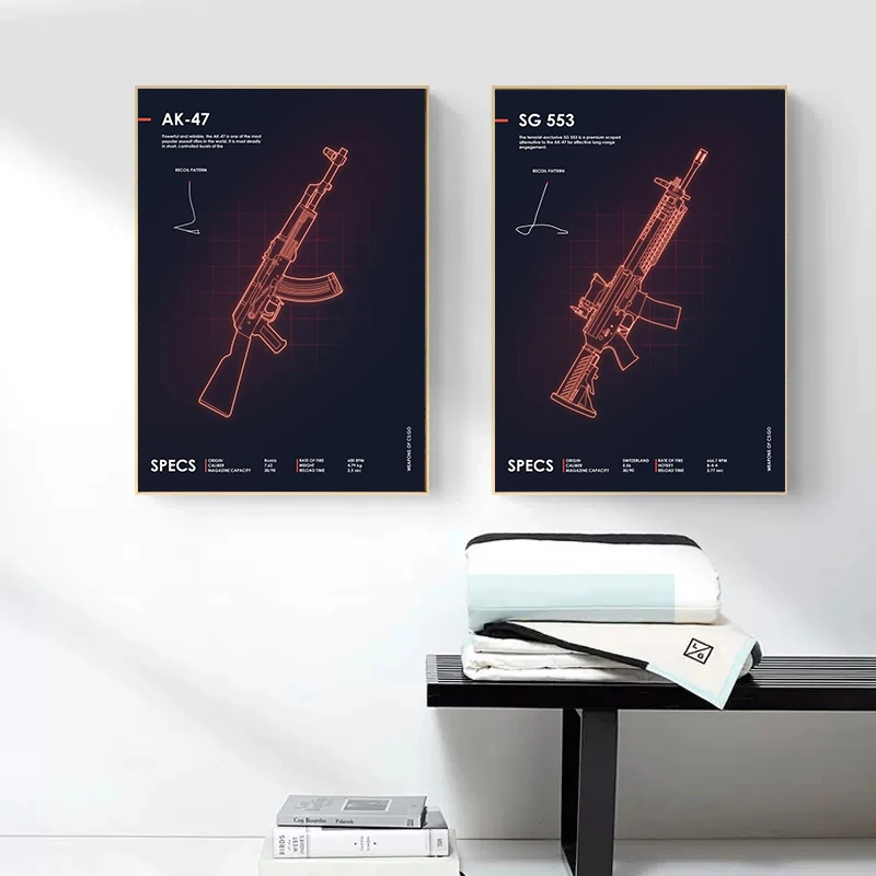 Neon Weapons Ak 47 Gun Cs Go Poster Canvas Painting Shooting Game Gun Wall Picture For Army Fan Room Wall Home Decor