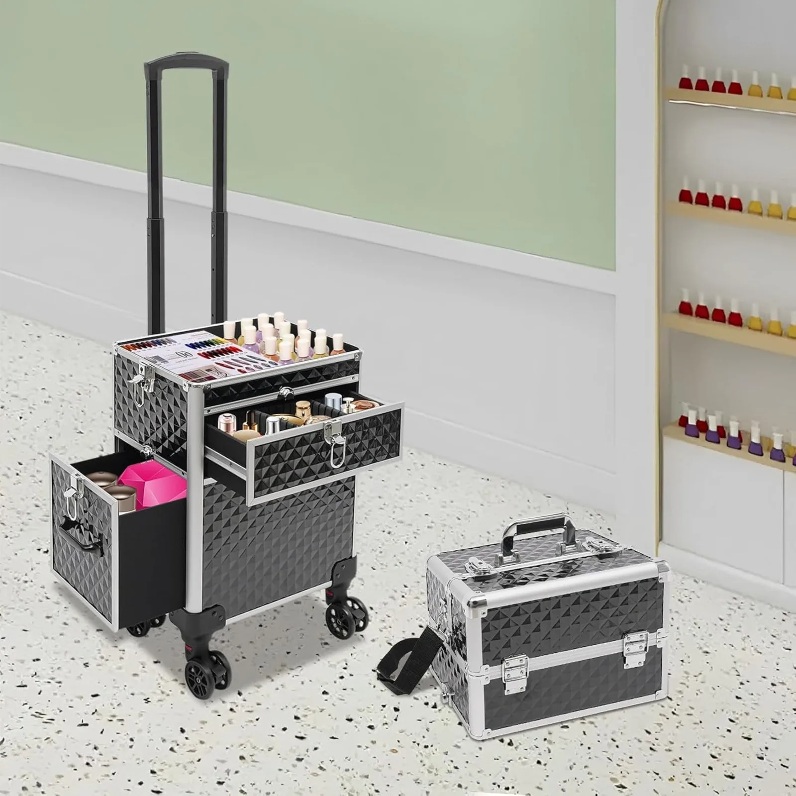

BYMAOCAR Makeup Train Case, Professional Rolling Makeup Case Makeup Organizer with Shoulder Strap & 4 Keys, 110lbs Capacity Large Storage Cosmetic Trolley Salon Barber Case Traveling Cart Trunk