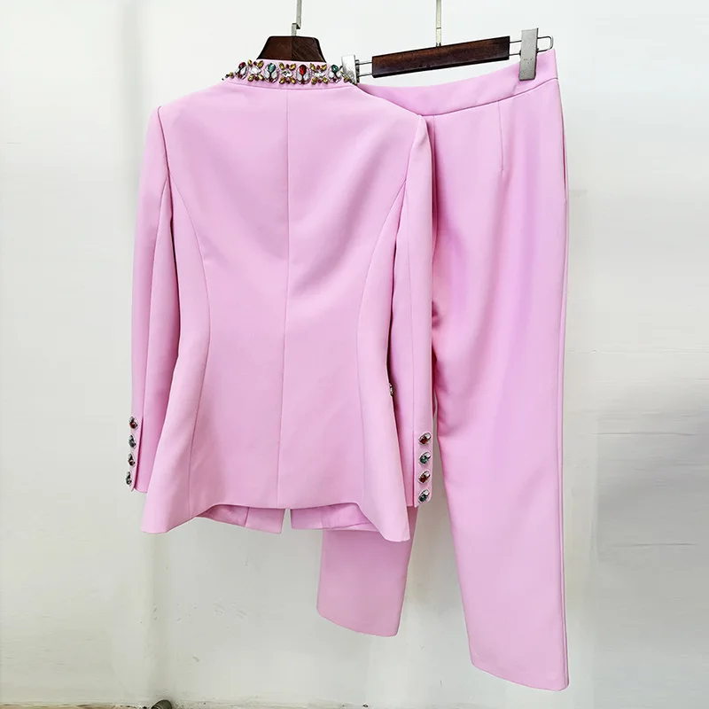 Luxo 2025 primavera calças de cristal ternos conjuntos de duas peças blazers femininos calças compridas terno rosa casacos calças de perna larga 2 peças roupas