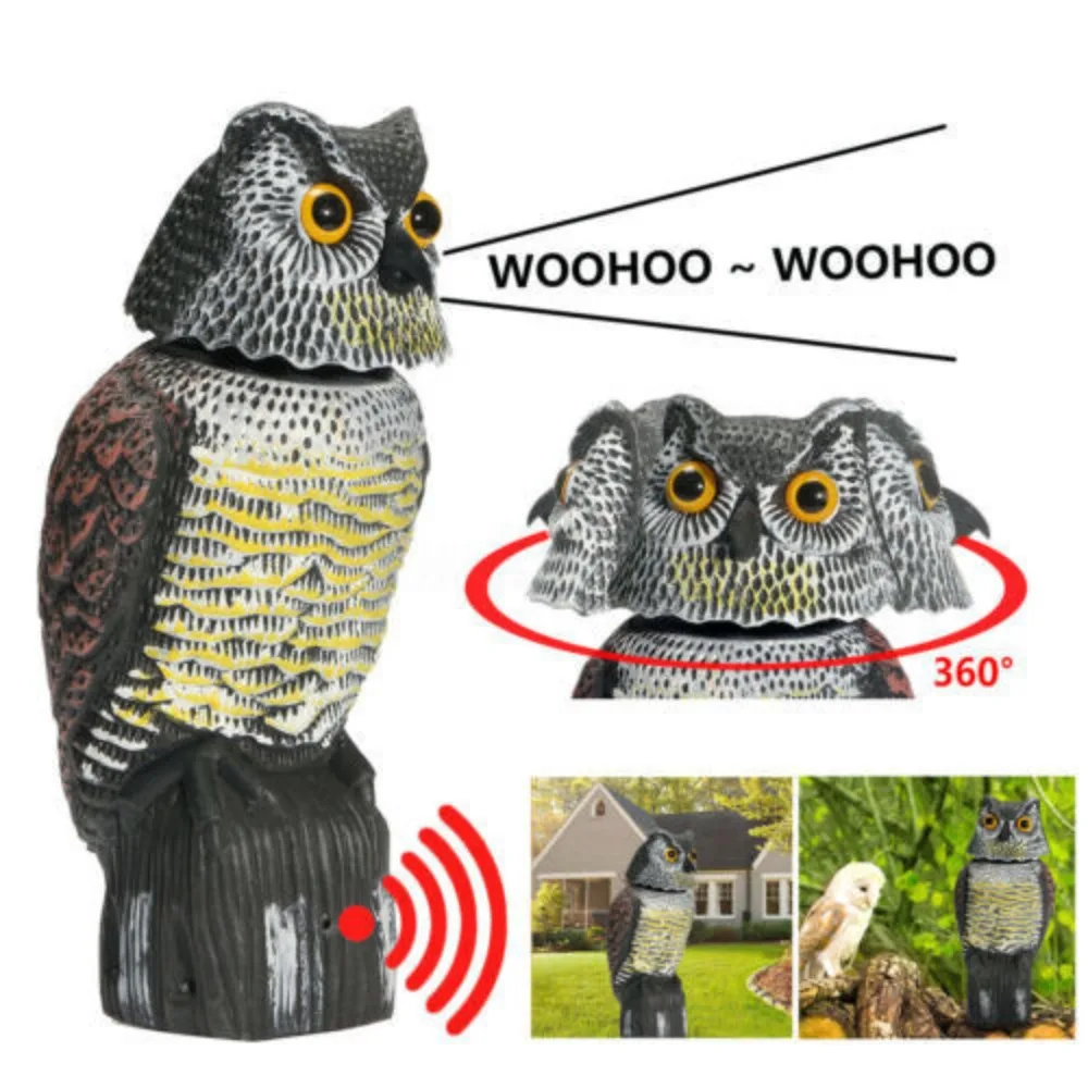 Sculpture de hibou factice en plastique avec tête rotative et son, répulsif d'oiseaux pour jardin et extérieur