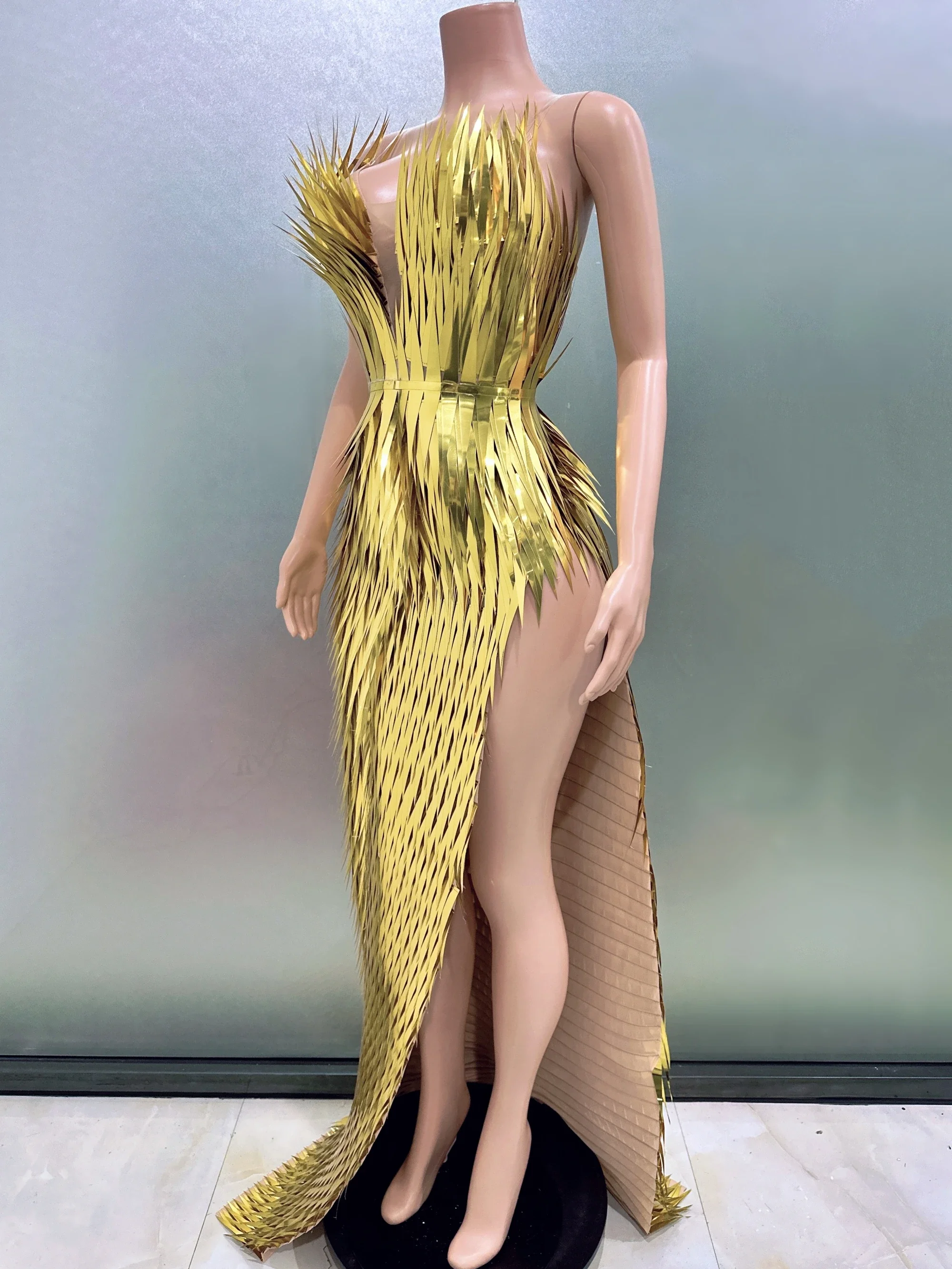 Sexy Gold Sequined Sparkly Strapless Slit Sheath Dress Birthday Evening Party Performance Costume Nightclub Singer Stage Wear