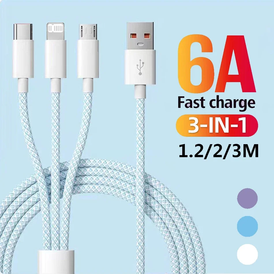 Cable de carga rápida 3 en 1 para iPhone y Xiaomi, Cable de datos Micro USB tipo C de 66W, 6A, 1,2 M/2M/3M, cargador súper rápido, Cable trenzado de nailon