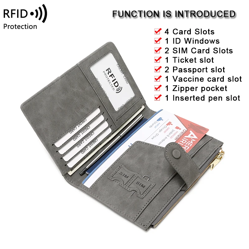 RFID Blocking Passport Bag, PU Solid Color, Zipper Buckle Wallet, Ticket Card Holder, Multi-functional Travel Passport Holder