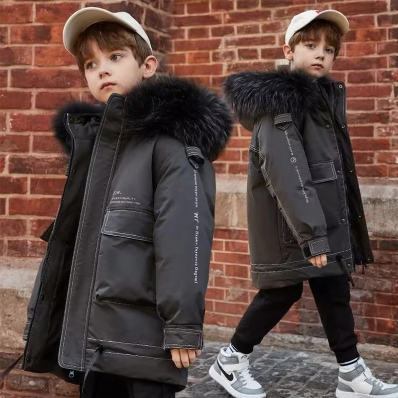 Fur Hooded Duck Down Jacket Zipper Children Winter Jacket Warm thicken Windbreak Outwear boys3 4 5 6 7 8 T-35 Degreescoat New