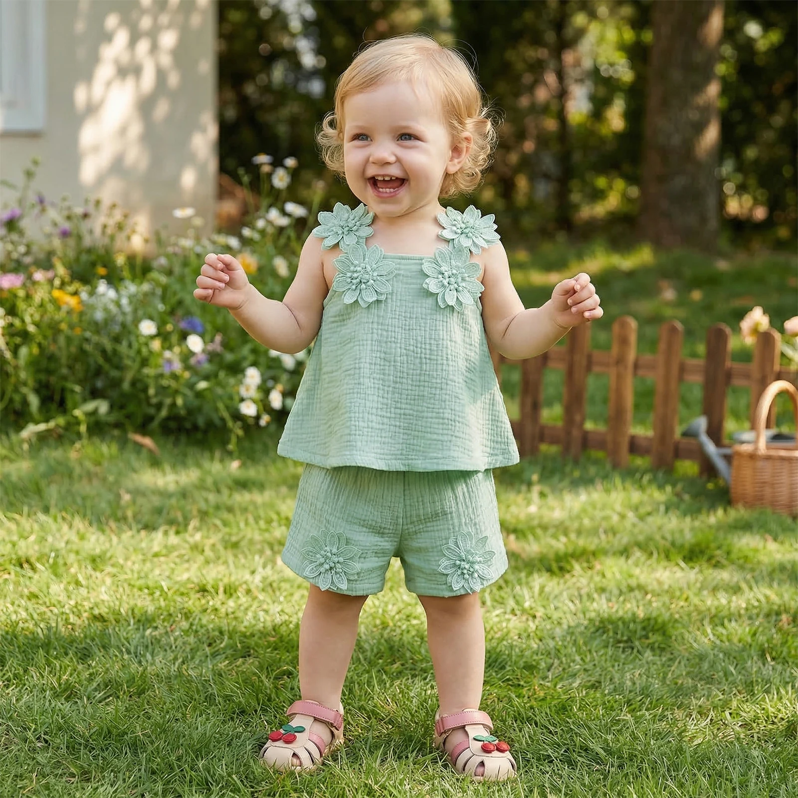 Toddler Baby Girl Summer Outfit Solid Color Casual Decorative Flower Design Sleeveless Tops Shorts 2 Pcs Set 0-4Y