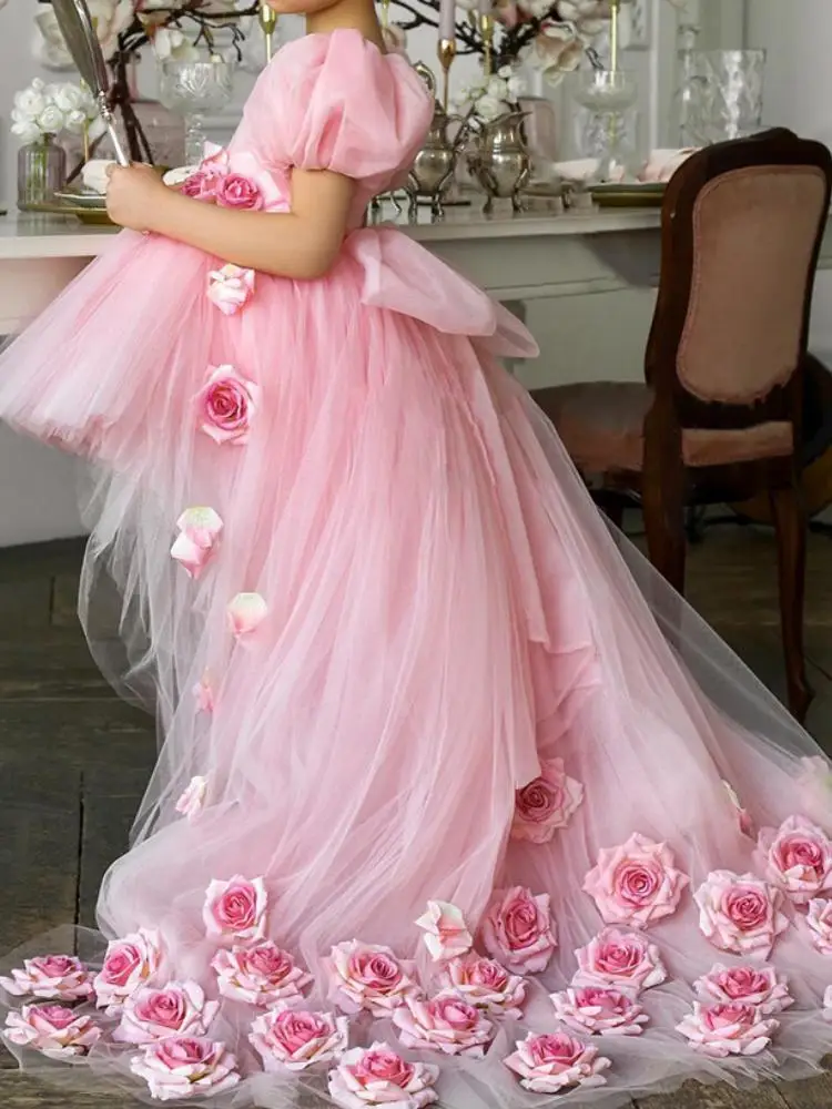 

Charming Pink Flower Girl Dresses For Wedding Puffy Short Sleeve Flower Kids Pageant Party Gown vestidos elegantes para niñas