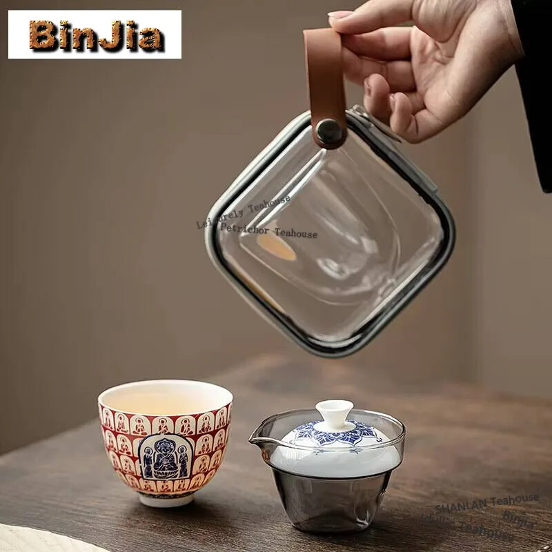 

Thousand Buddha White Porcelain Travel Tea Set Kit Antique 1 Pot 1 Cup Tea Brewing Travel Tea Set Portable Organizer Bag Craft