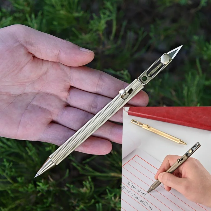 

Brass tactical pen with knife for opening packages, brass signing pen, medium pen, metal machine gun pen, ballpoint pen