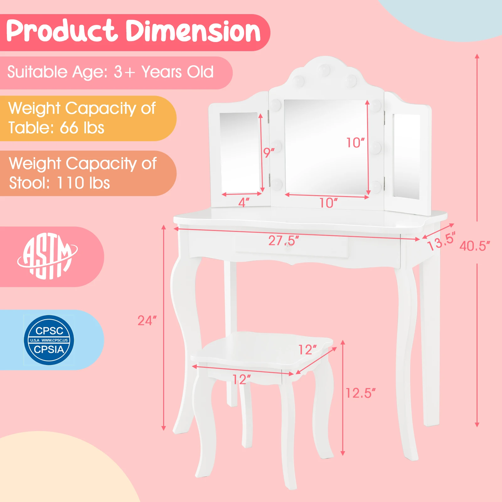 Kid Vanity Table Stool Set Tri-Folding Mirror Adjustable 3-Color LED Light White