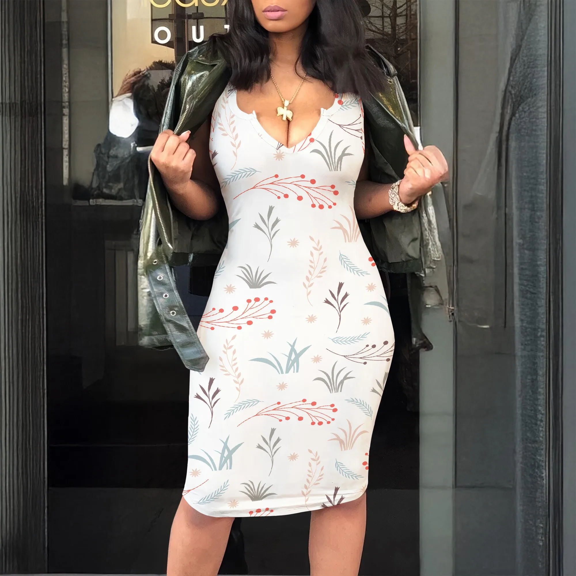 

Botanical Print V-Neck Bodycon Dress, Floral Pattern Mini Dress, Summer Casual Fit, S-2XL